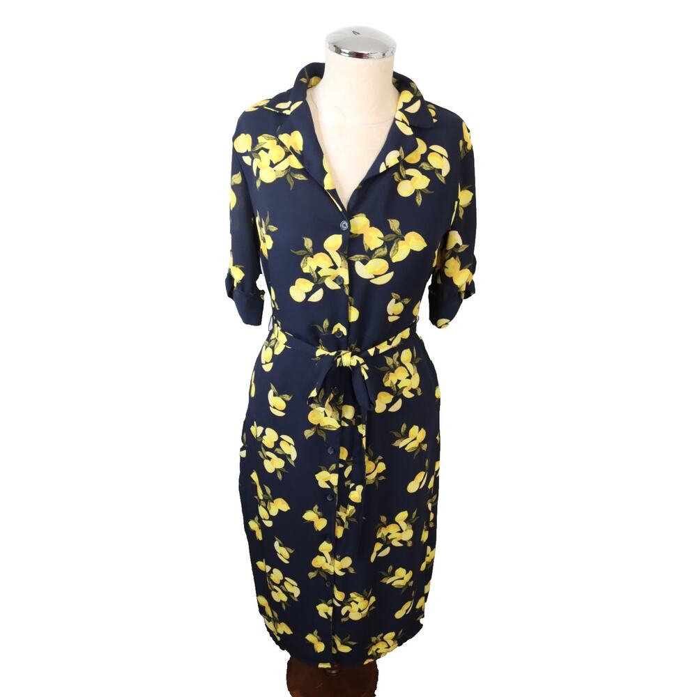 Banana Republic 2 Blue and Yellow Button Down Dress Short Sleeve Midi Pocket (65
